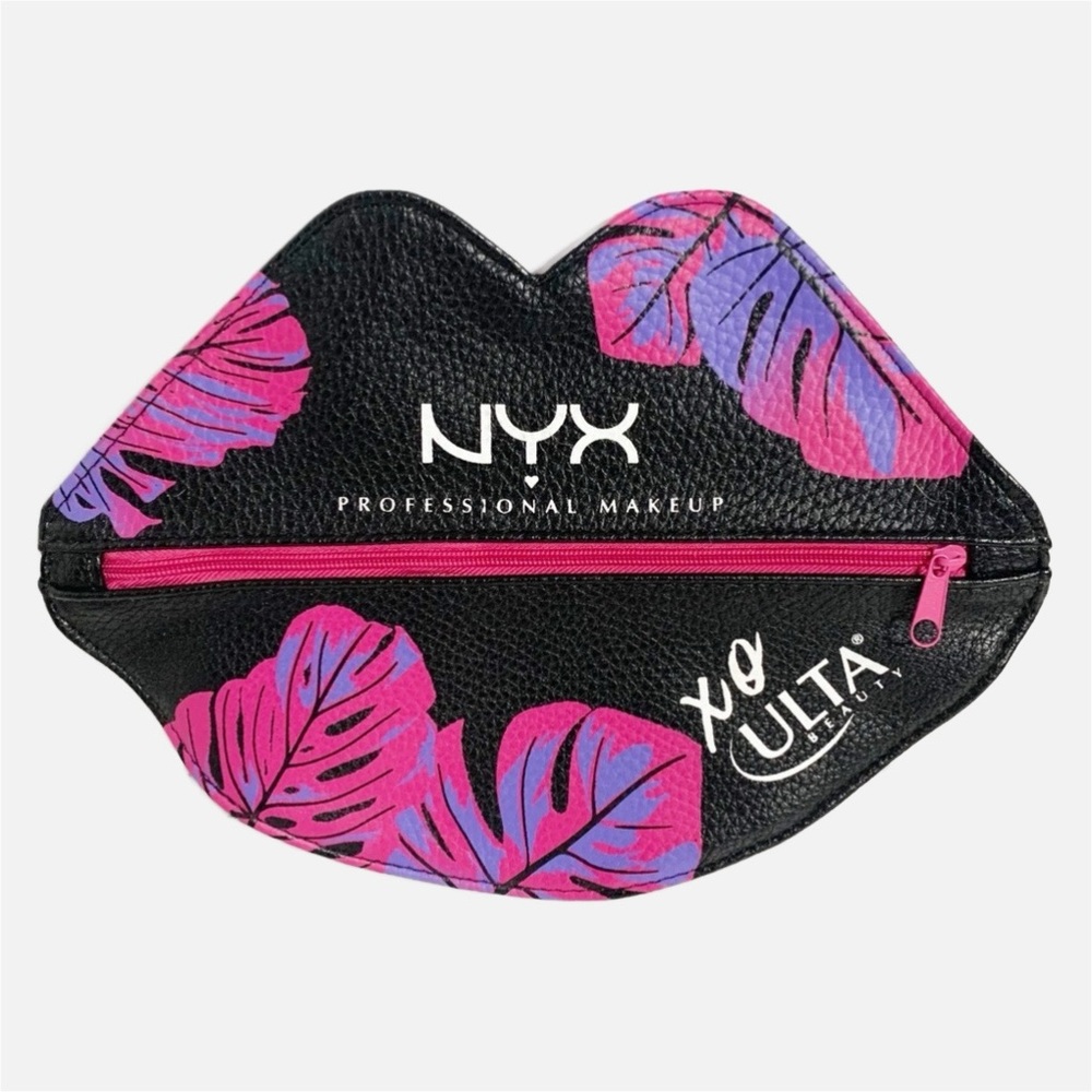 Ulta Beauty Lip Shaped Faux Leather Cosmetic Pouch Zip Closure Palm Leaf Motif